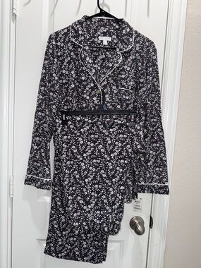 Charter Club Black Floral Long-Sleeve Pajama Set with White Piping